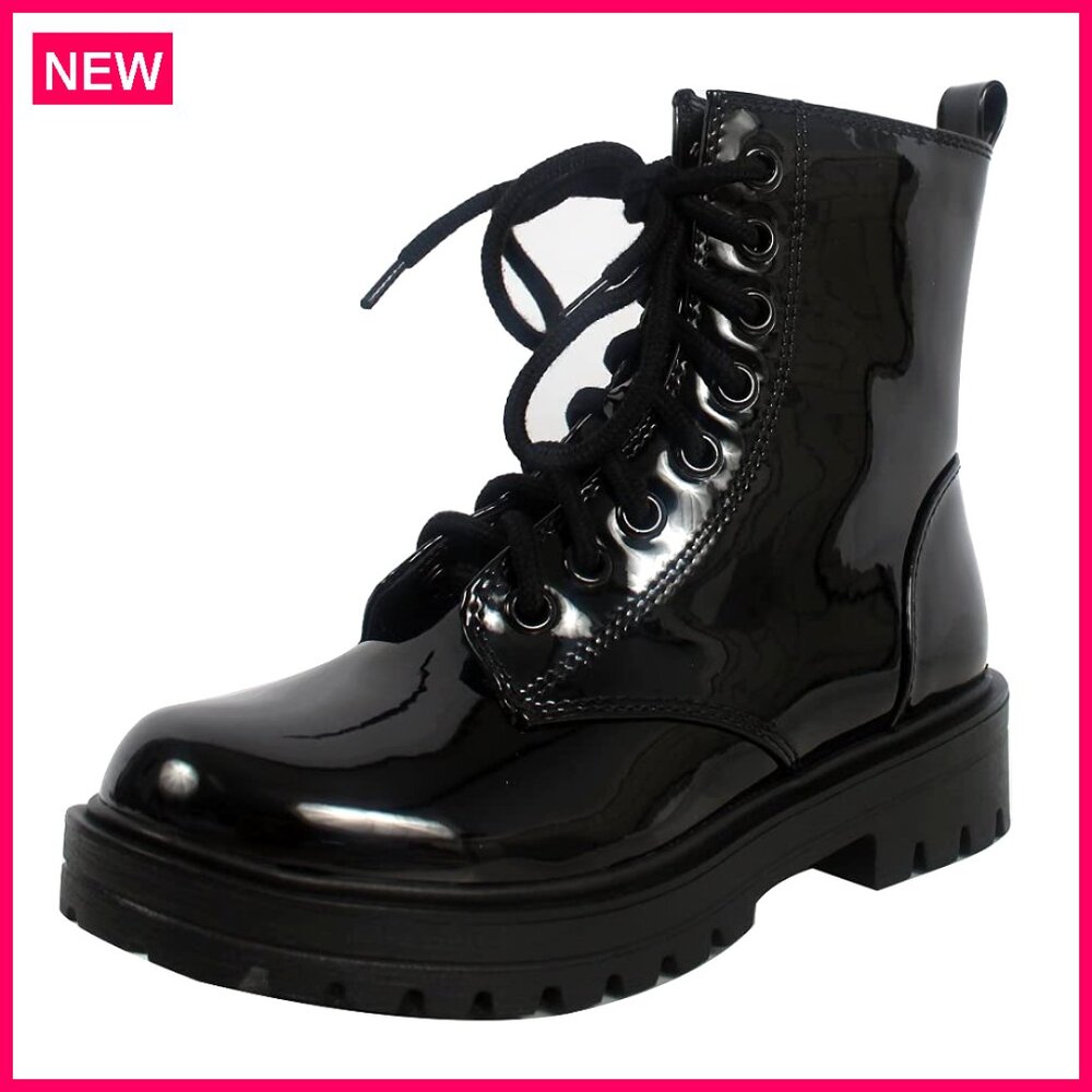 Combat Lace Up Ankle Boots, Faux Leather, Platform Heel, Size 7.5
